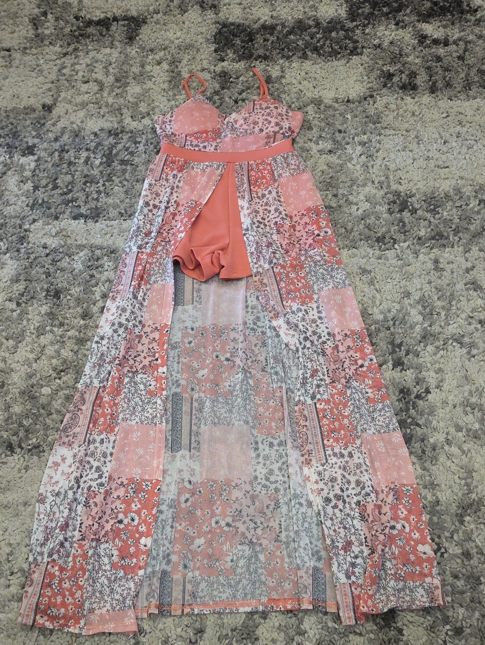 No Boundaries Coral Pink Patchwork Maxi Dress with Built-in Shorts
